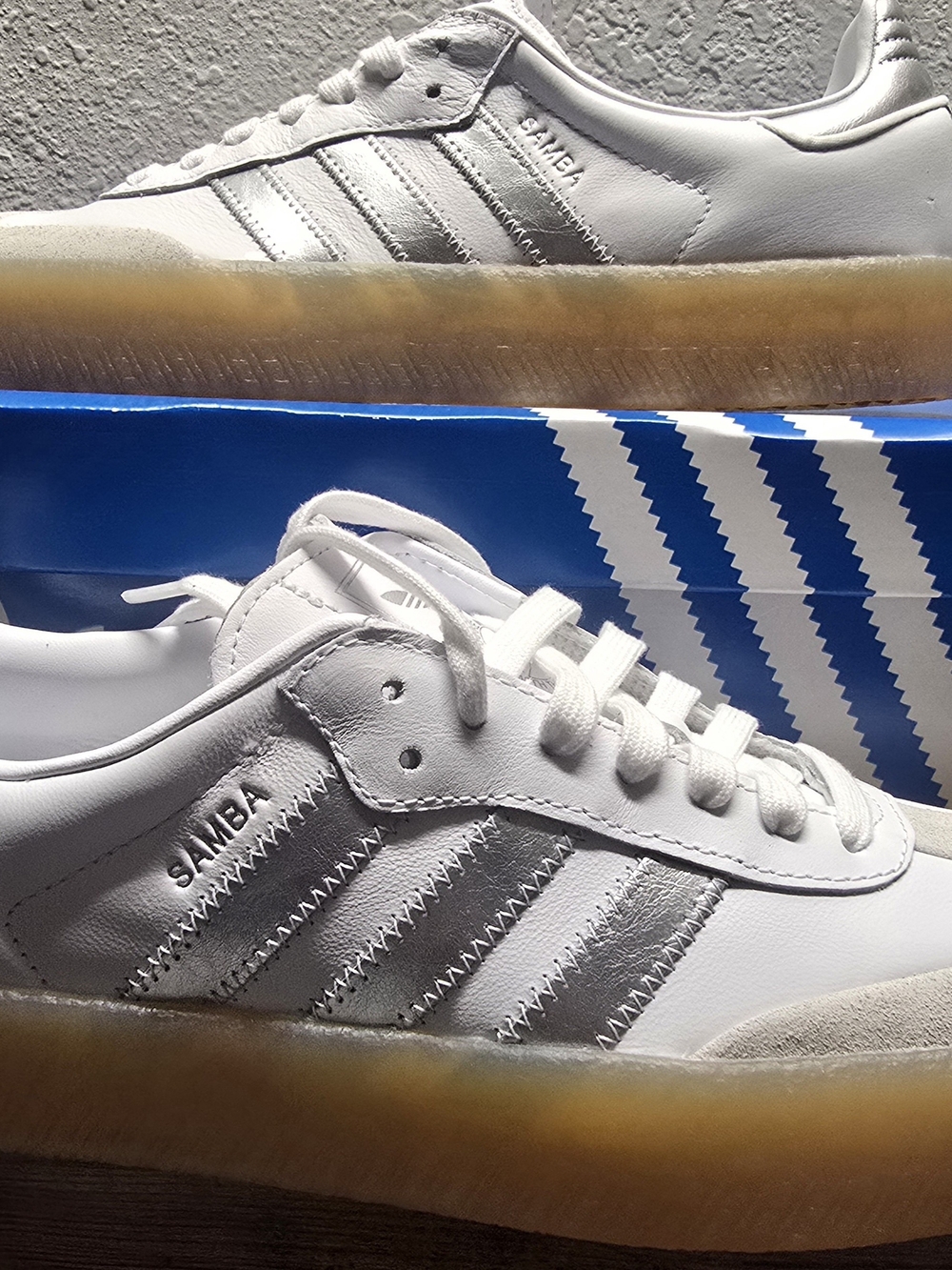 Women adidas Samba Size 9 Sneakers — White with Silver Stripes and Gum Sole